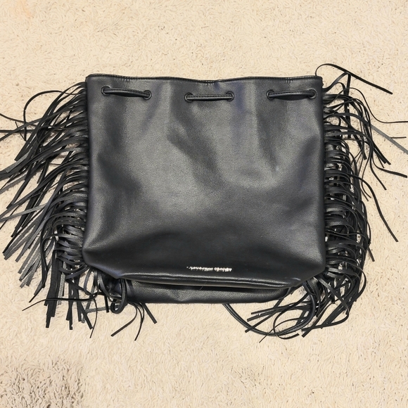 Victoria's Secret Vegan Leather Black Drawstring Fringe Tassel Backpack   NWOT - Picture 8 of 12